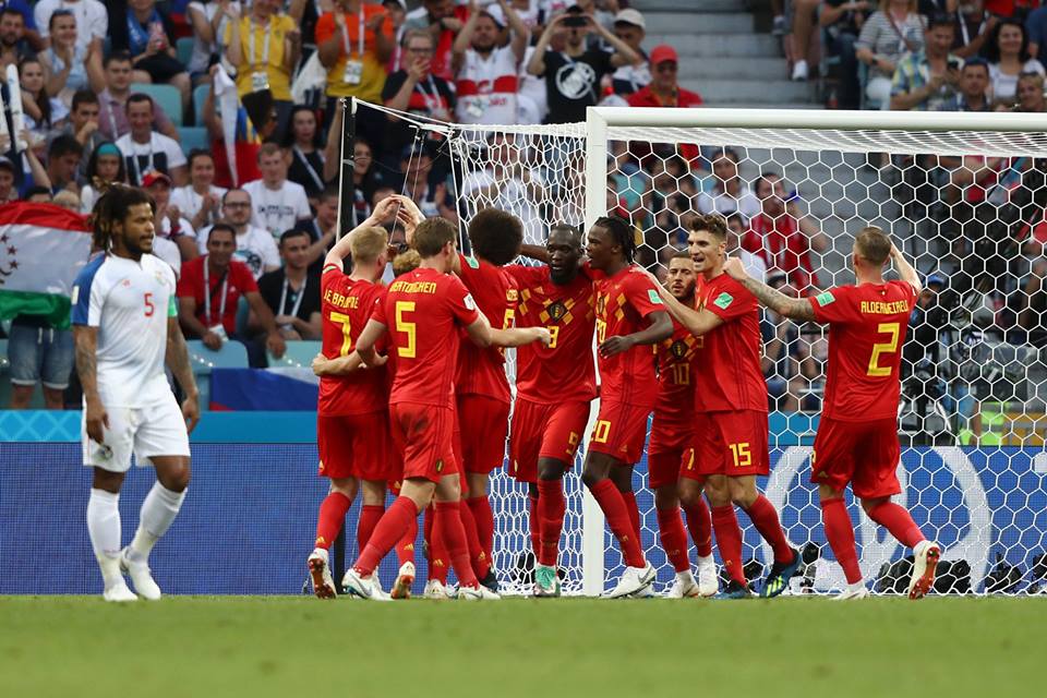 احتفال لاعبي المنتخب البلجيكي بعد الفوز العريض امام بنما